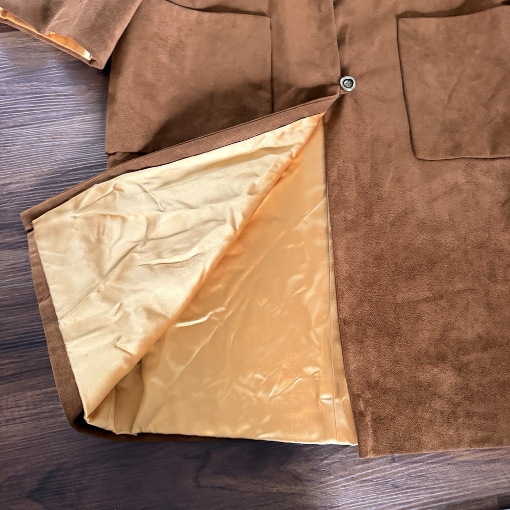VTG 70s Suede Leather Mod Trench Coat Womens 2X-3X Brown Minimalist Patch Pocket - Picture 6 of 9